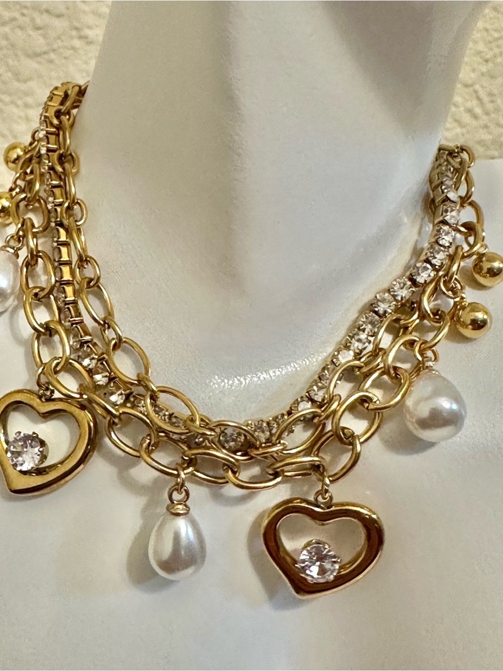 7-3/4” 18k Gold Plated Stainless Steel Multi-Layered Heart & Pearl Bracelet